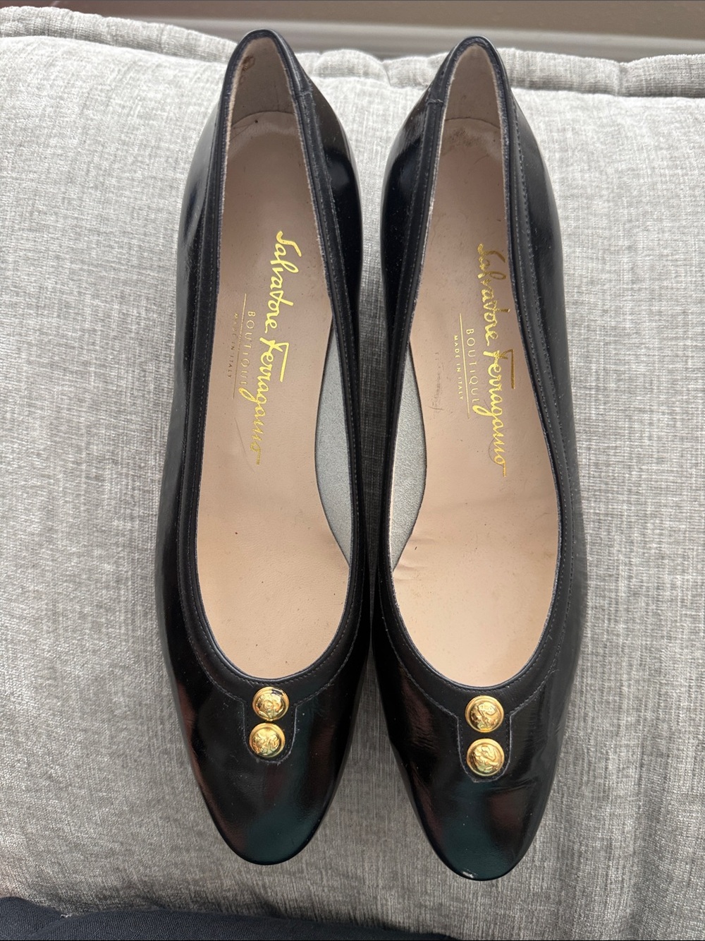 Salvatore Ferragamo Black Leather Ballet Flats with Gold Buttons